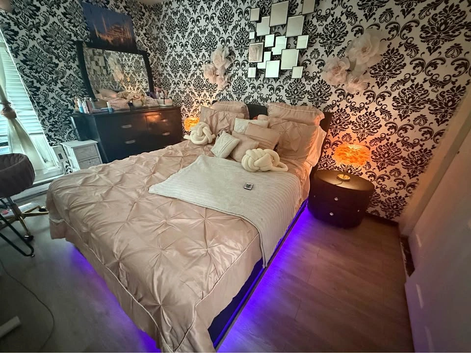 Queen Bed with LED Storage, Side Tables, and Dresser