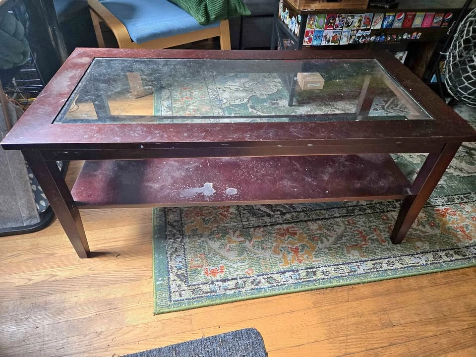 Dark Wood Coffee Table with Glass Top and Shelf
