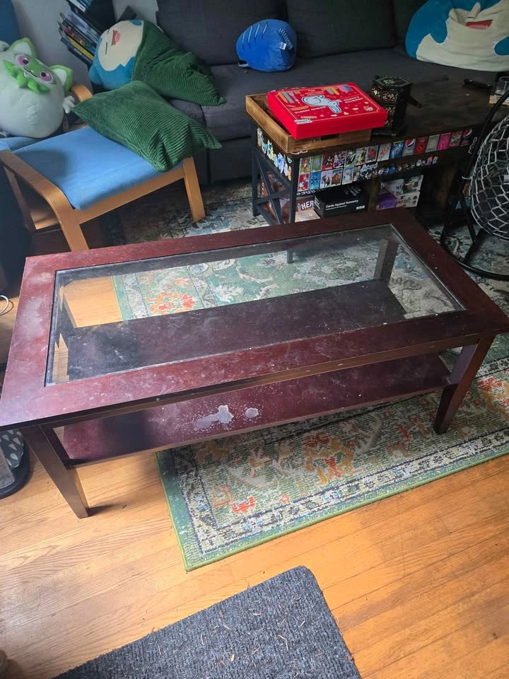 Dark Wood Coffee Table with Glass Top and Shelf - photo 2