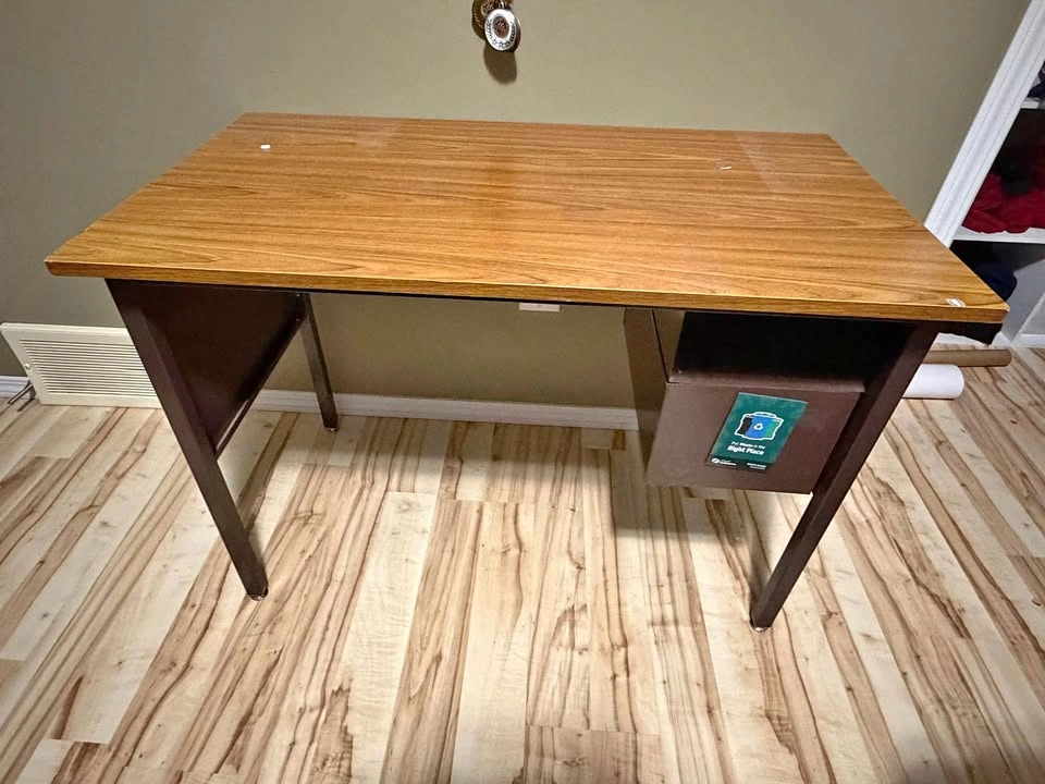 Mid-Century Metal Desk with Wood Laminate Top