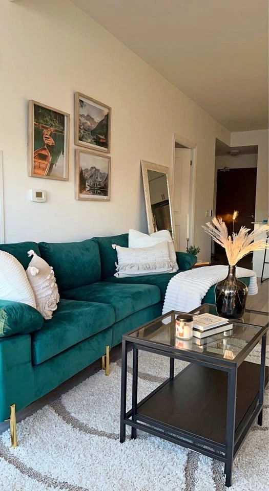 Dark Green Sectional Velvet Couch (Reversible)
