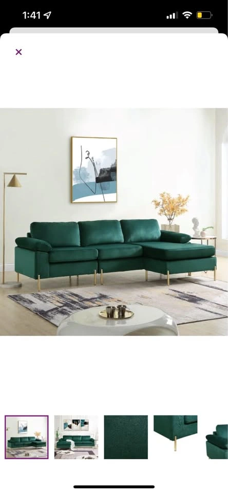 Dark Green Sectional Velvet Couch (Reversible) - photo 3