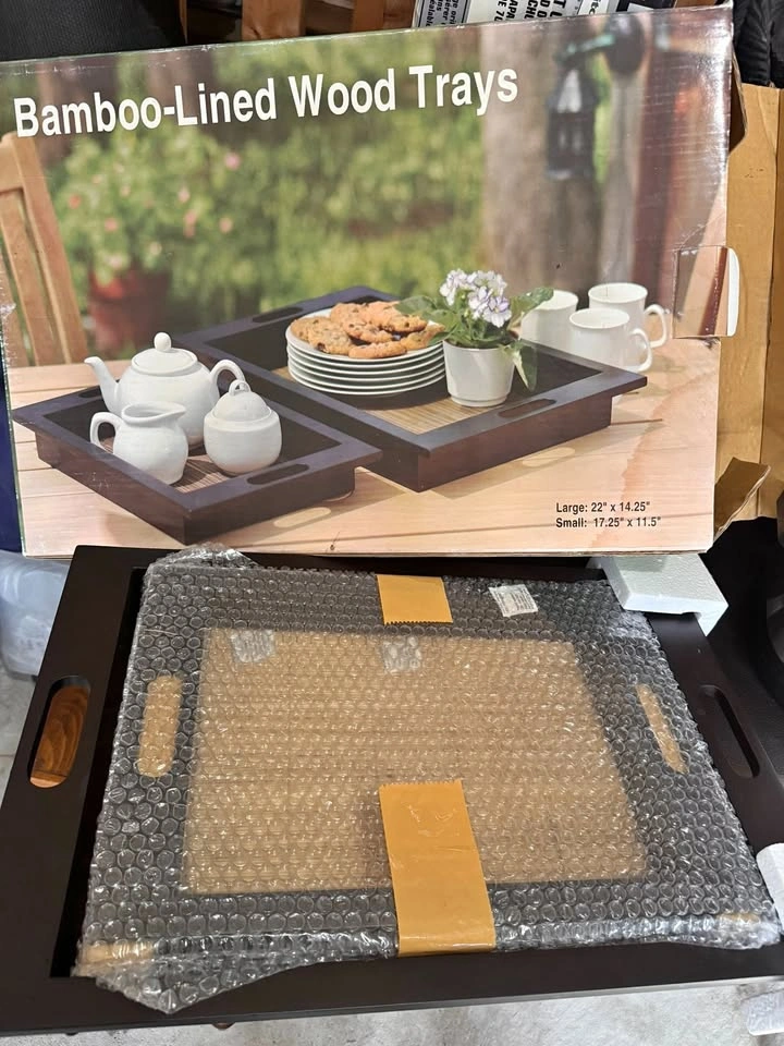 New Bamboo-Lined Wooden Serving Tray Set (2) – Large & Small