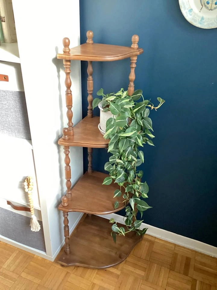 Newly Refinished Vintage Solid Wood Corner Display Shelf