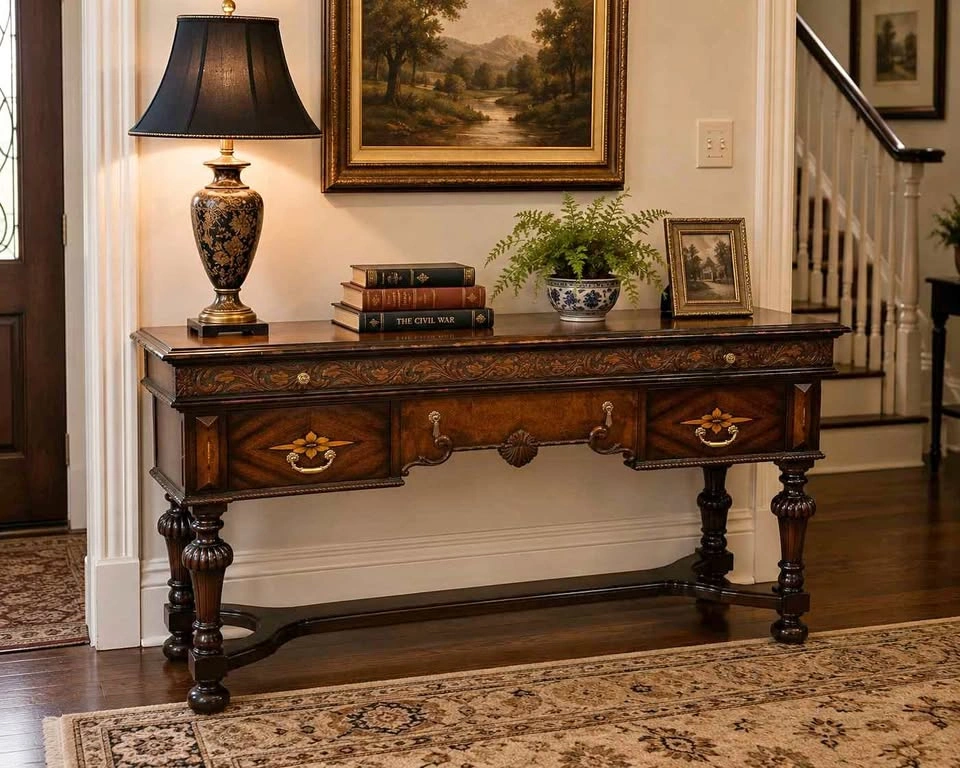 Antique Carved Library Console Table with Pull-Out Extension Lea