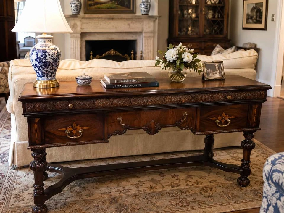 Antique Carved Library Console Table with Pull-Out Extension Lea - photo 2