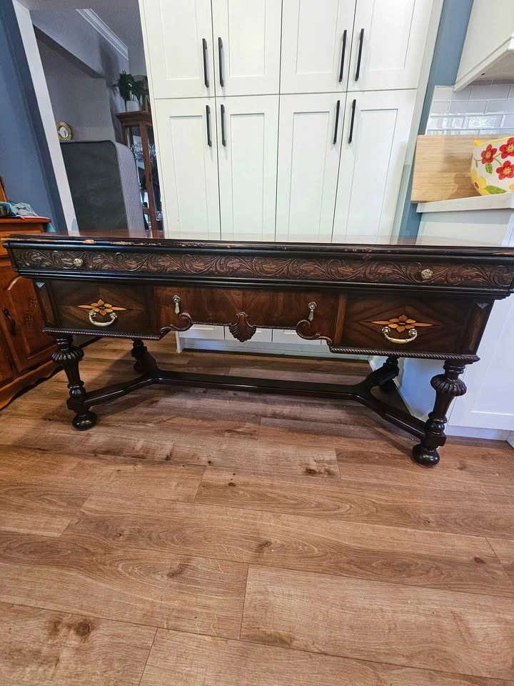 Antique Carved Library Console Table with Pull-Out Extension Lea - photo 3