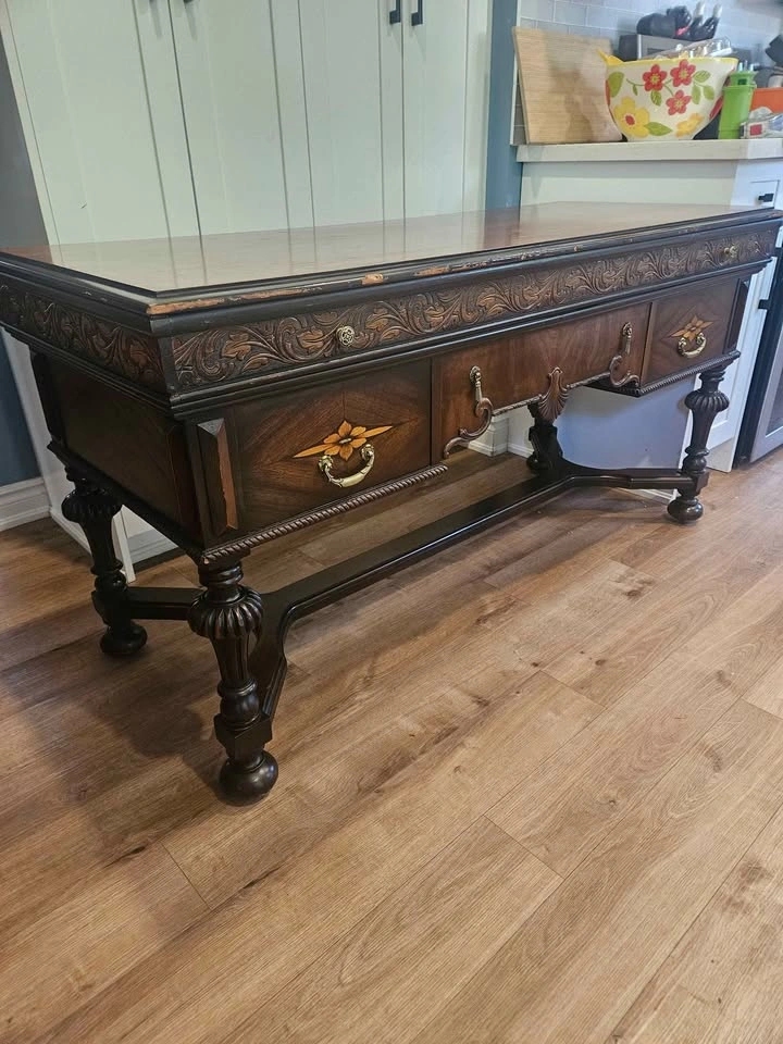 Antique Carved Library Console Table with Pull-Out Extension Lea - photo 4