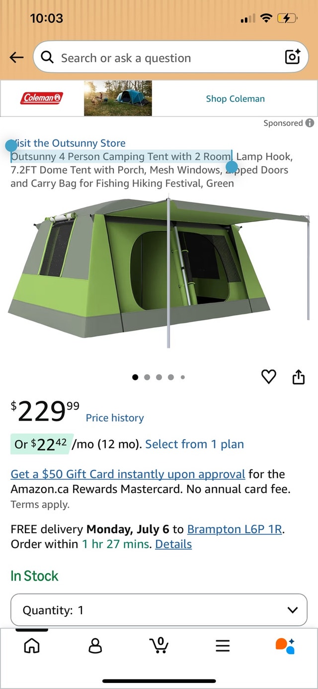 Outsunny 4-Person Camping Tent with 2 Rooms & Porch