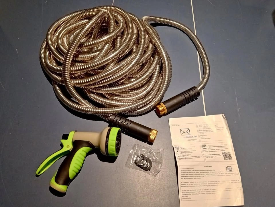 50ft Stainless Steel Garden Hose – 10-Function Nozzle