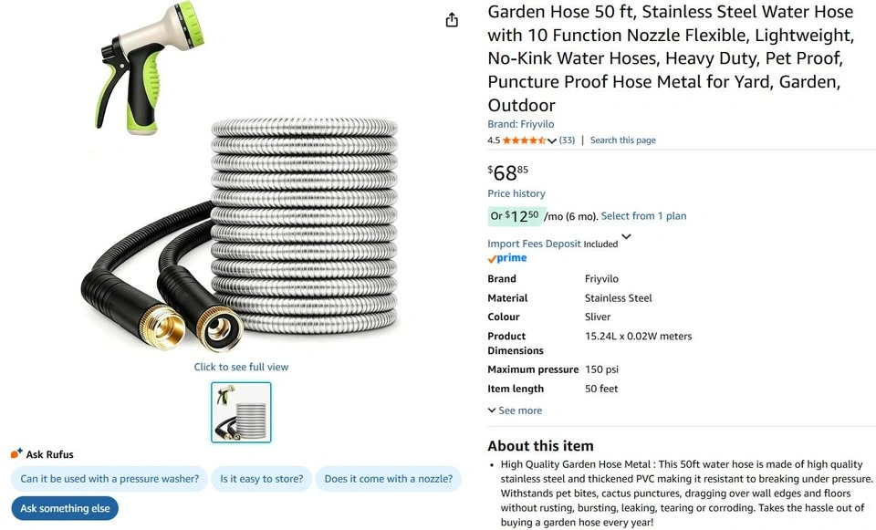 50ft Stainless Steel Garden Hose – 10-Function Nozzle - photo 3
