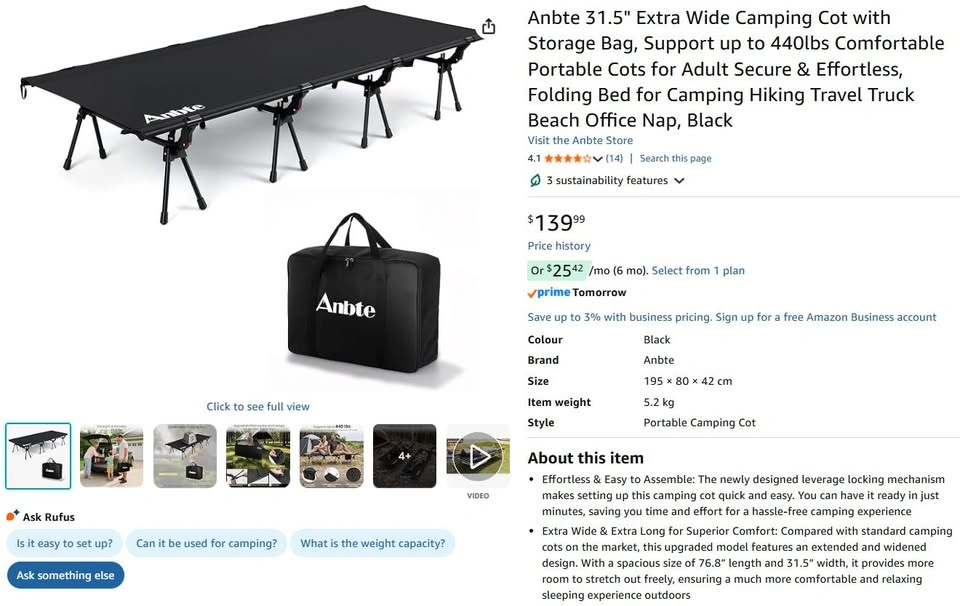 31.5” Extra Wide Camping Cot with Storage Bag – 440lb Capacity - photo 3