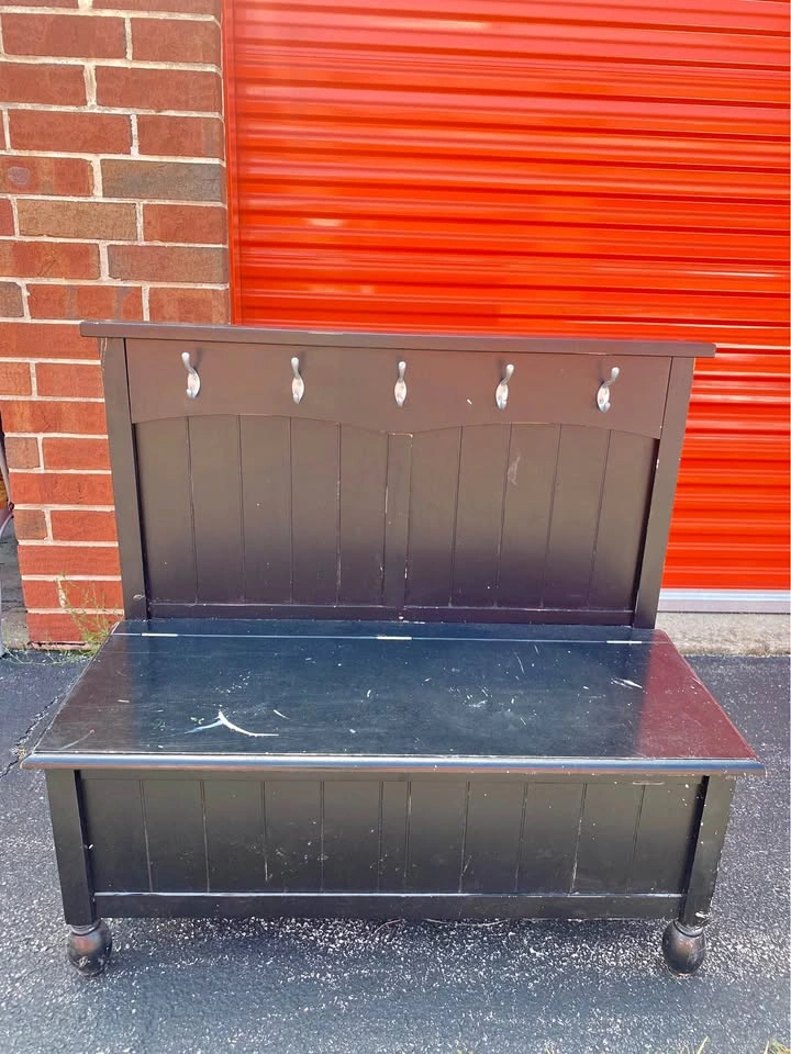 Black Entryway Shoe Storage Bench with Coat Hooks