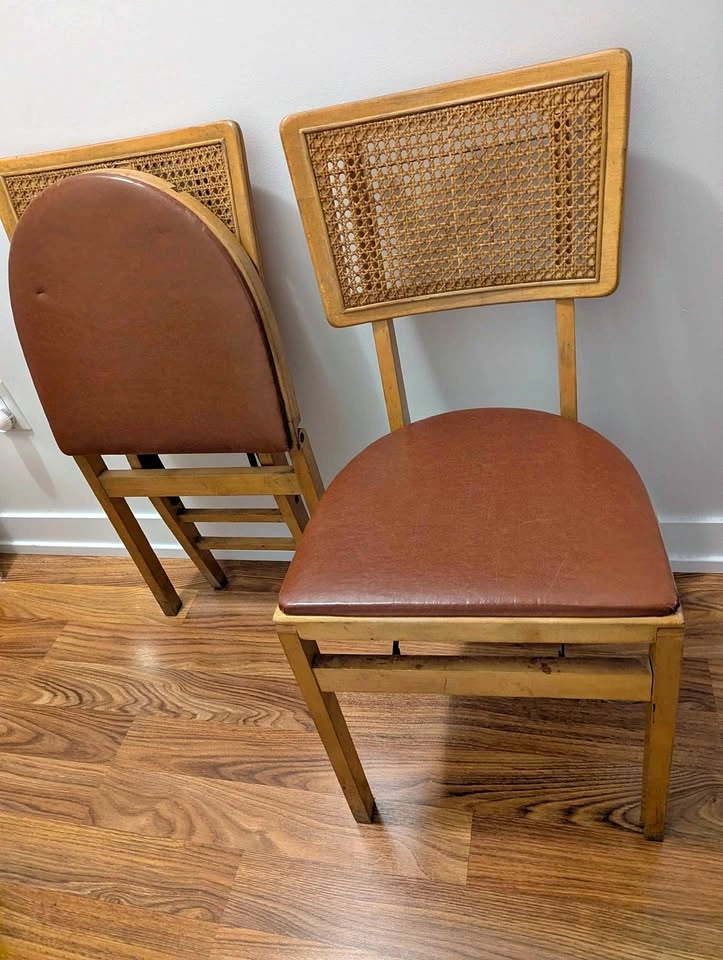 Vintage Stakmore Cane Back Folding Burgundy Chairs - Pair