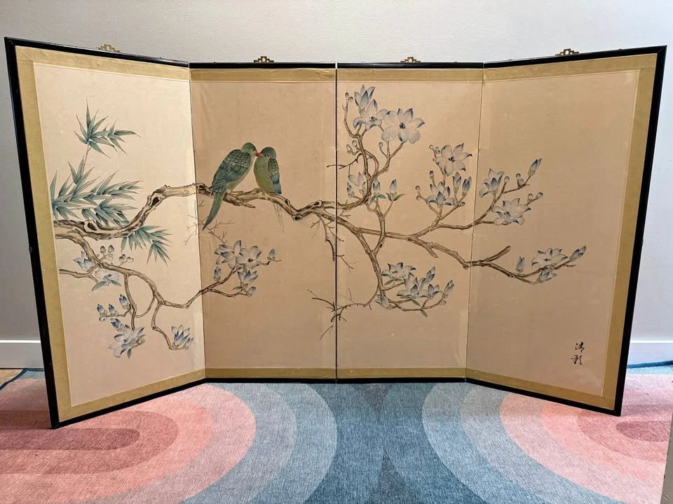 Large four-panel hand-painted Asian silk screen