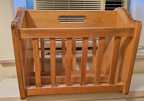 Vintage Solid Wood Magazine Rack W/ Slatted Design & Handle