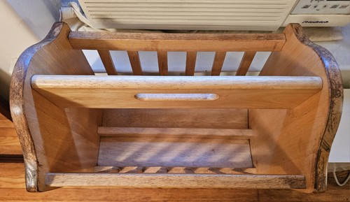 Vintage Solid Wood Magazine Rack W/ Slatted Design & Handle - photo 2