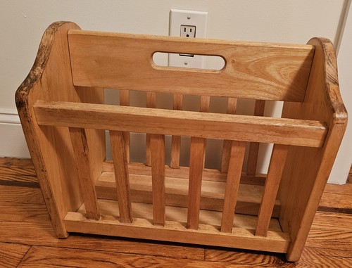 Vintage Solid Wood Magazine Rack W/ Slatted Design & Handle - photo 3