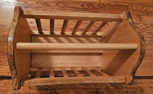 Vintage Solid Wood Magazine Rack W/ Slatted Design & Handle - photo 4