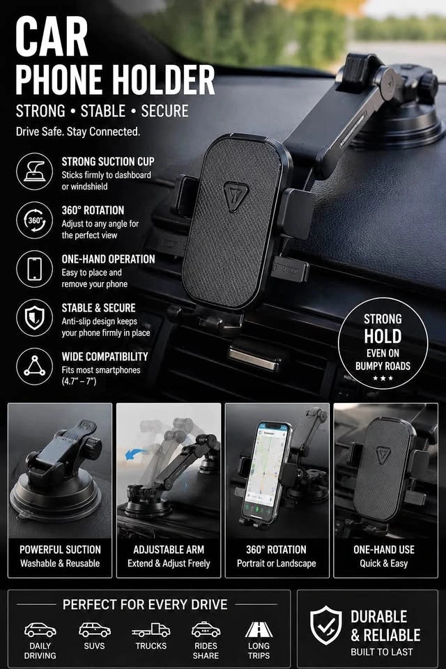 Universal Car Phone Holder – Dashboard & Windshield Mount