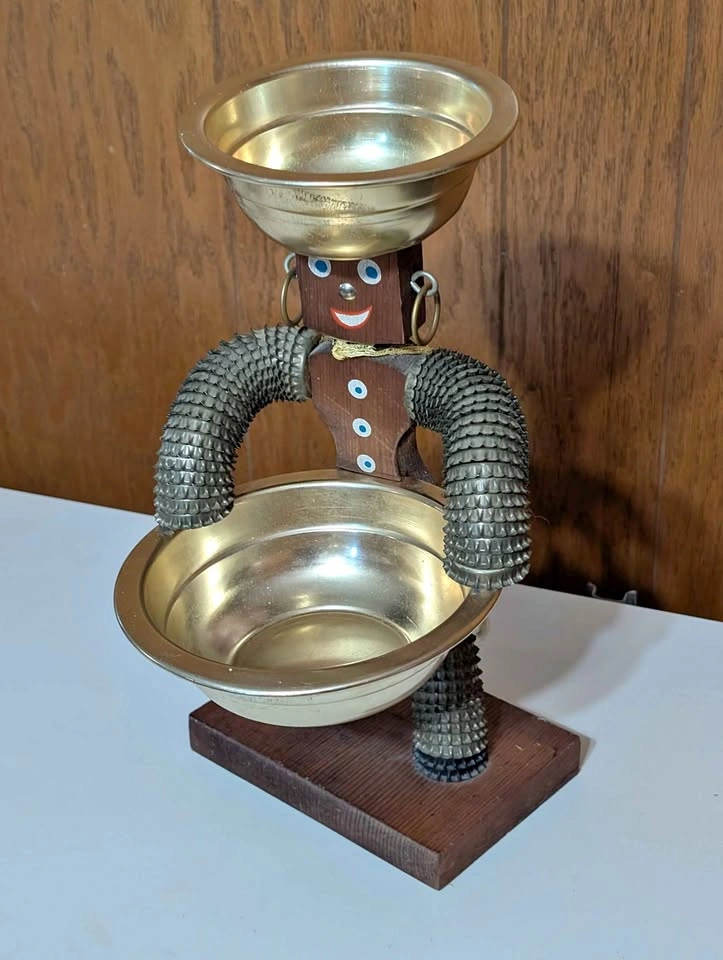 Vintage Folk Art Bottle Cap Figure with Brass Bowls