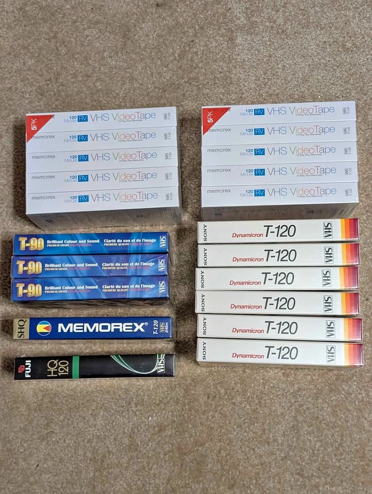 Unopened Memorex, Sony, and Fuji VHS T-120 Blank Tapes - Lot of