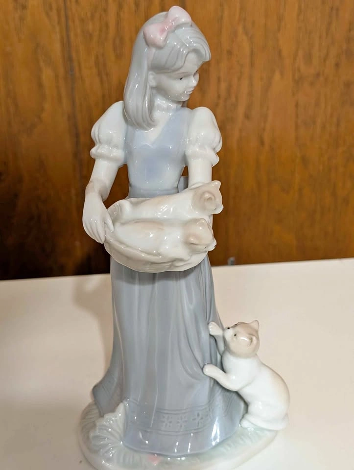 Vintage Porcelain Girl with Cats Figurine