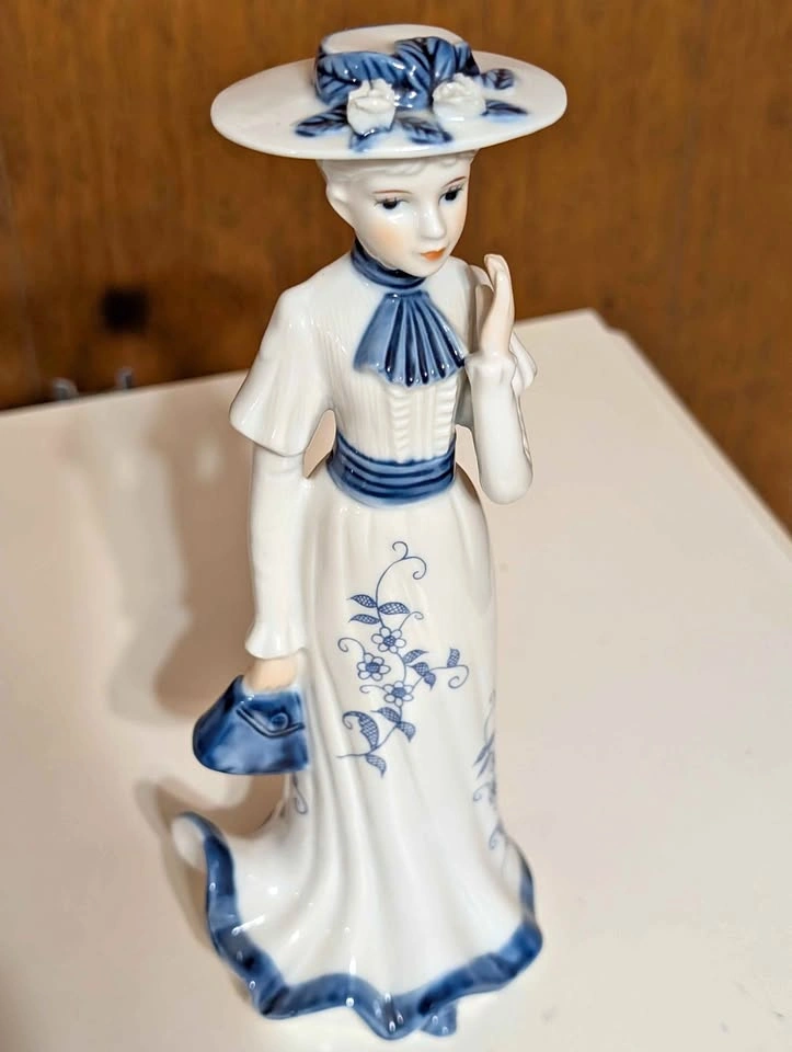 Vintage Blue and White Porcelain Lady Figurine