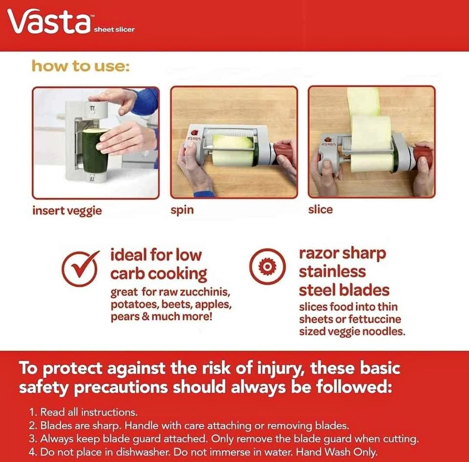 Vasta Sheet Slicer - Veggie & Fruit Slicer w/ Fettuccine Blade