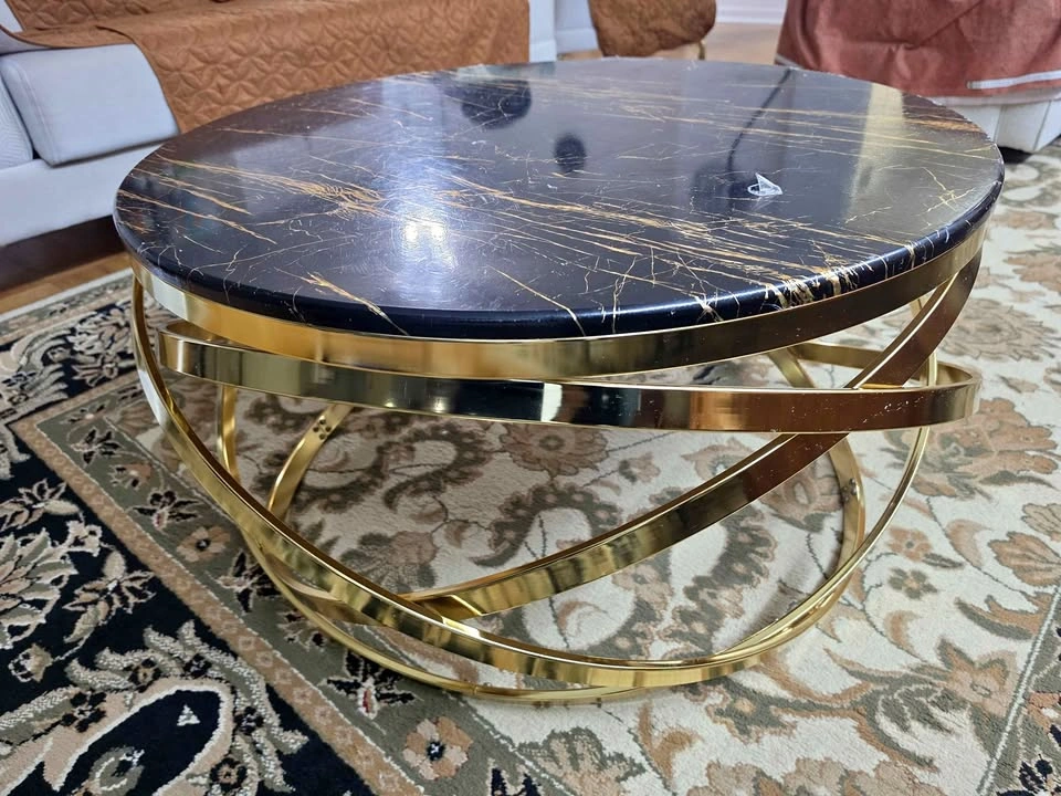 Round Black Marble and Gold Coffee Table