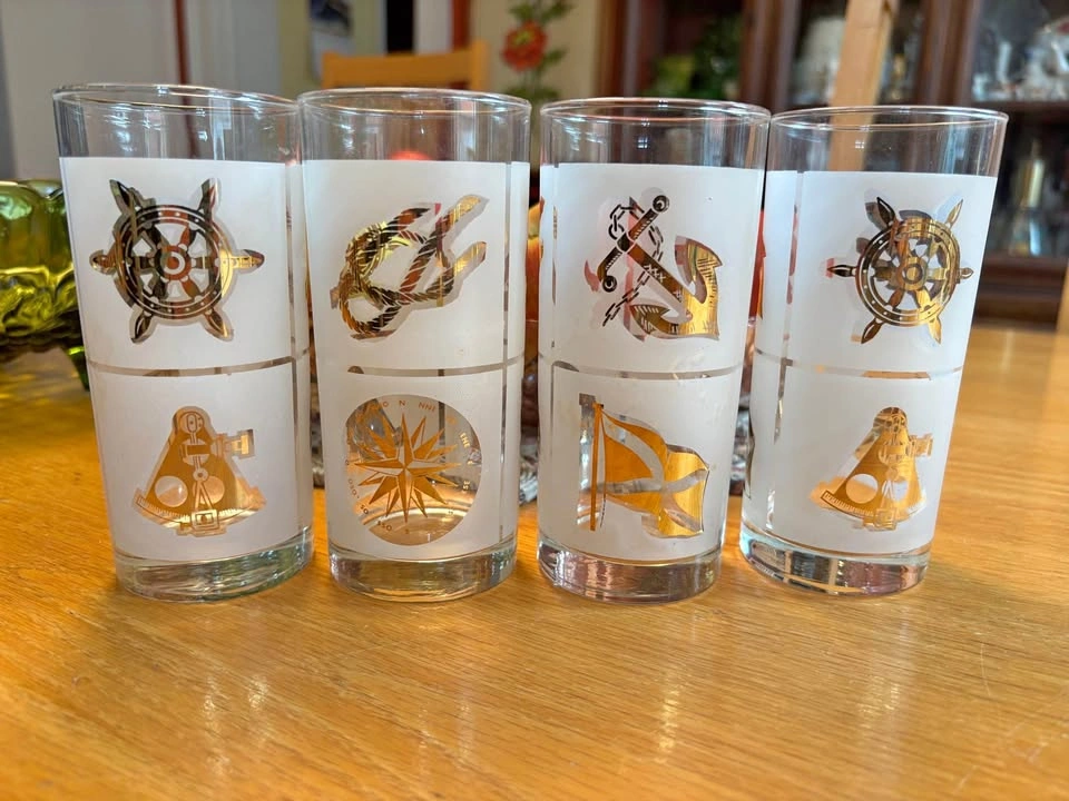 MCM Vintage Frosted Maritime Nautical Tumblers x 4 Gold
