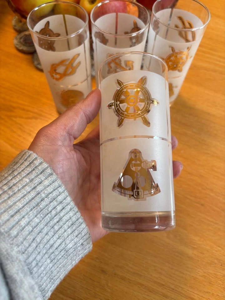 MCM Vintage Frosted Maritime Nautical Tumblers x 4 Gold - photo 4
