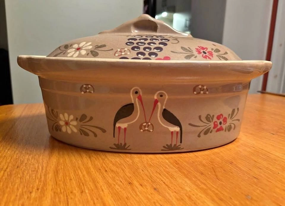 Ceramic Lidded Casserole Dish with Stork Folk Art - France