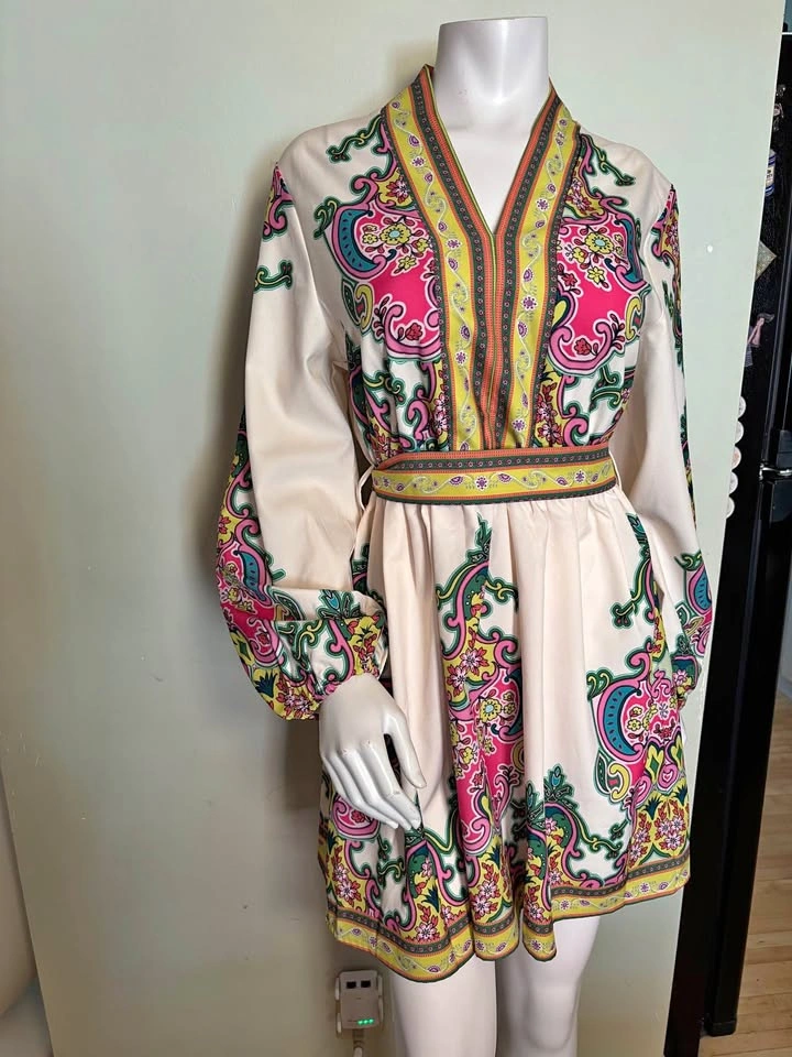 M-Floral Paisley Retro Boho Belt Mini Dress