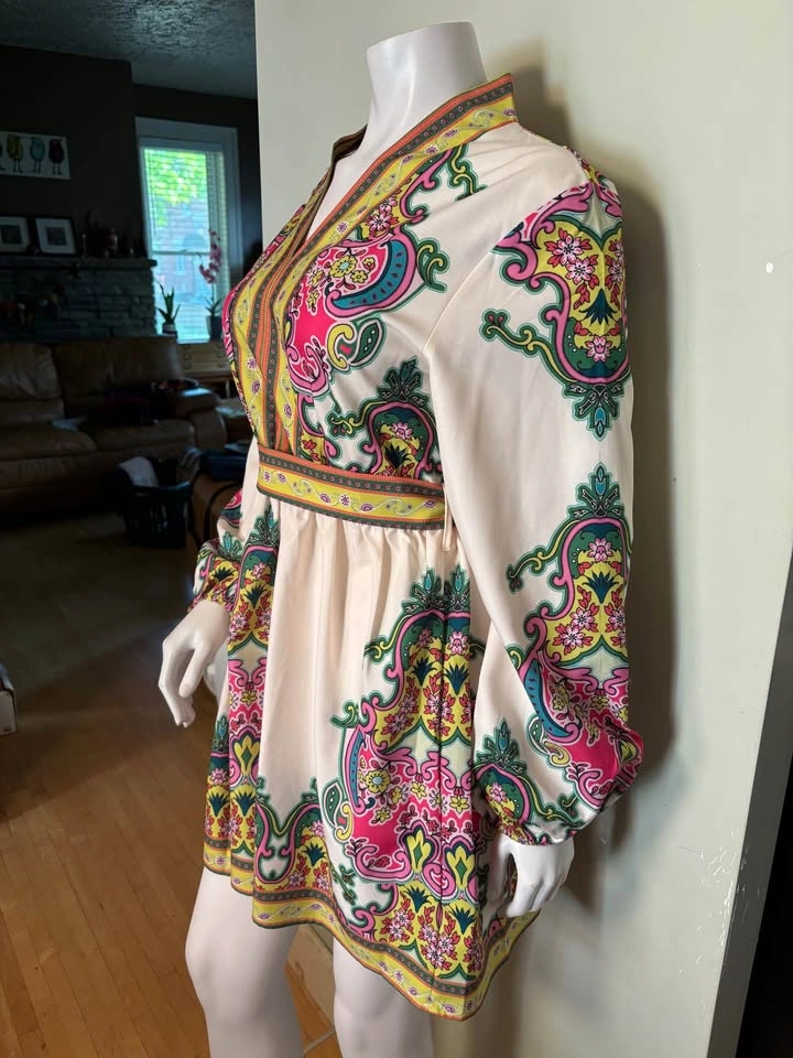 M-Floral Paisley Retro Boho Belt Mini Dress - photo 2
