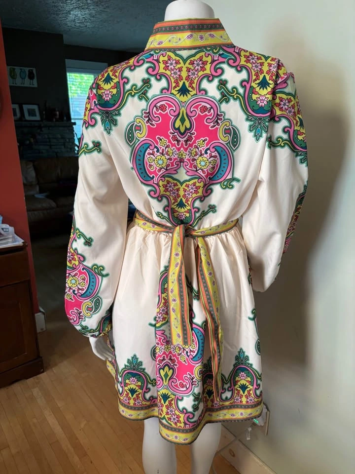M-Floral Paisley Retro Boho Belt Mini Dress - photo 3
