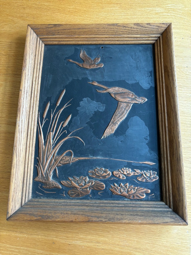 Vintage 3D Copper Relief Geese Flying Framed Picture
