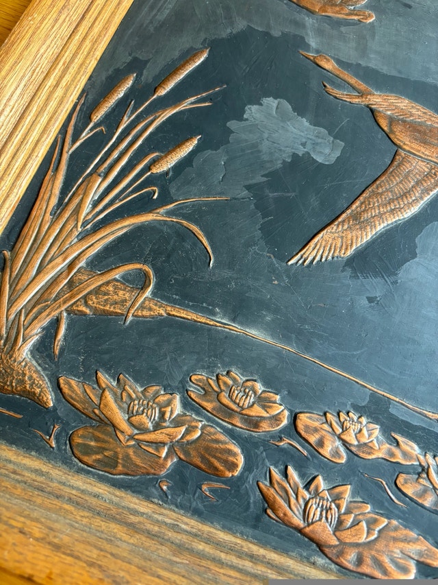 Vintage 3D Copper Relief Geese Flying Framed Picture - photo 2