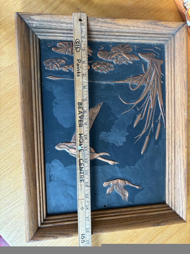 Vintage 3D Copper Relief Geese Flying Framed Picture - photo 3