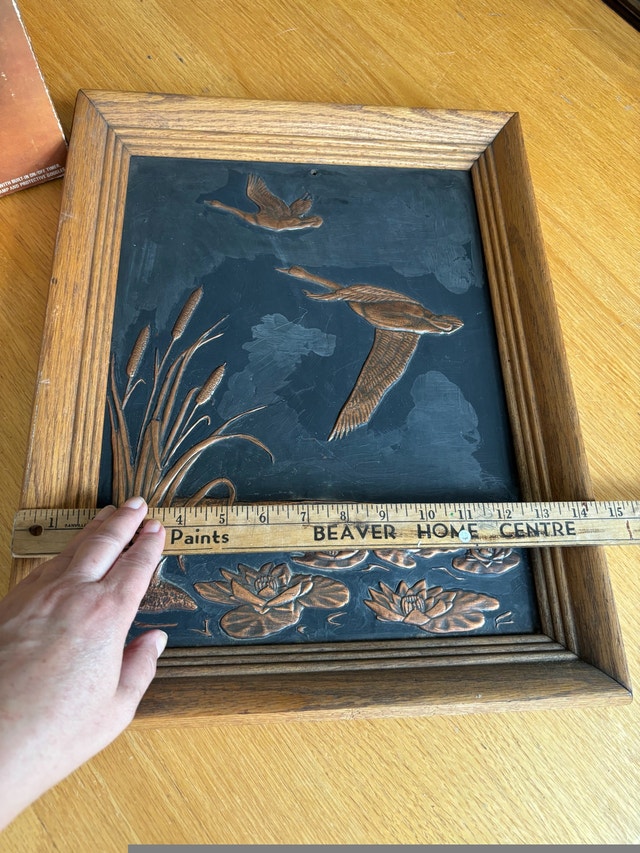 Vintage 3D Copper Relief Geese Flying Framed Picture - photo 4