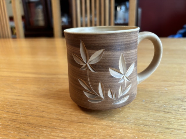 Vintage Pottery Coffee Mug Brown Carved Floral Design Japan