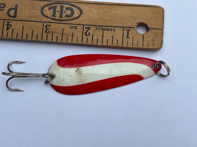 Vintage Red & White Striped Casting Spoon Lure — Stamped Japan