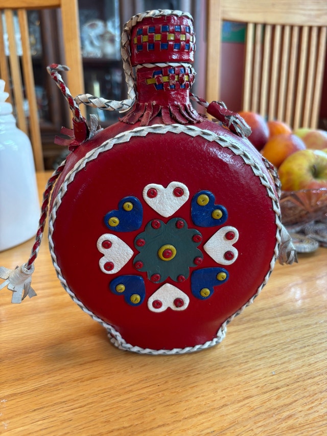 Decorative Folk Art Leather Covered Bottle Decanter Flask