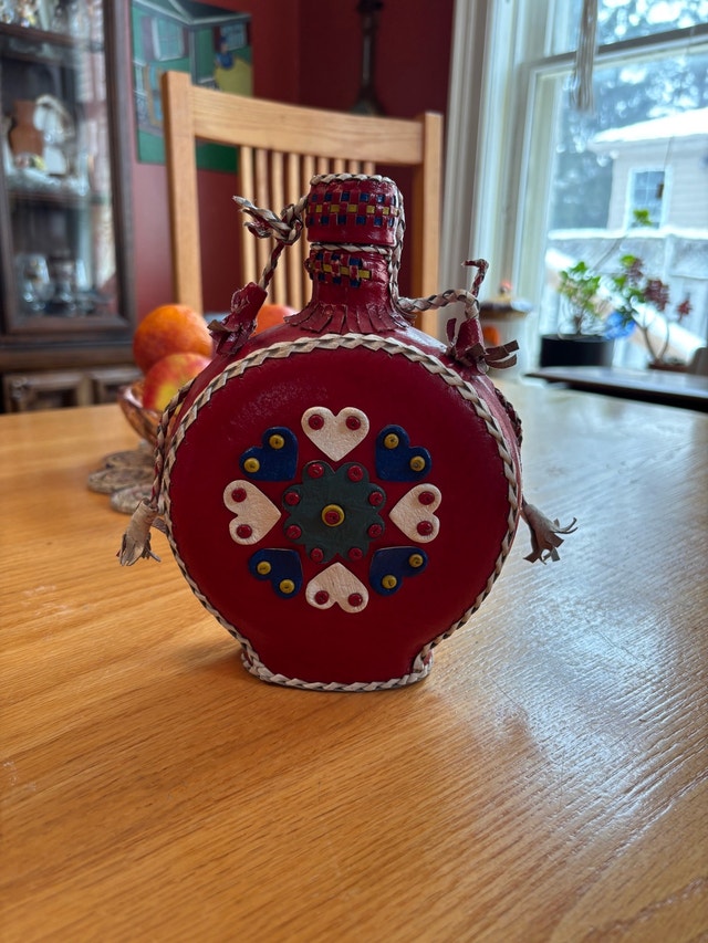 Decorative Folk Art Leather Covered Bottle Decanter Flask - photo 2