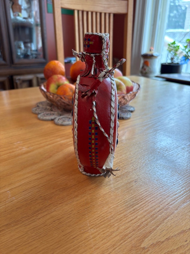 Decorative Folk Art Leather Covered Bottle Decanter Flask - photo 3