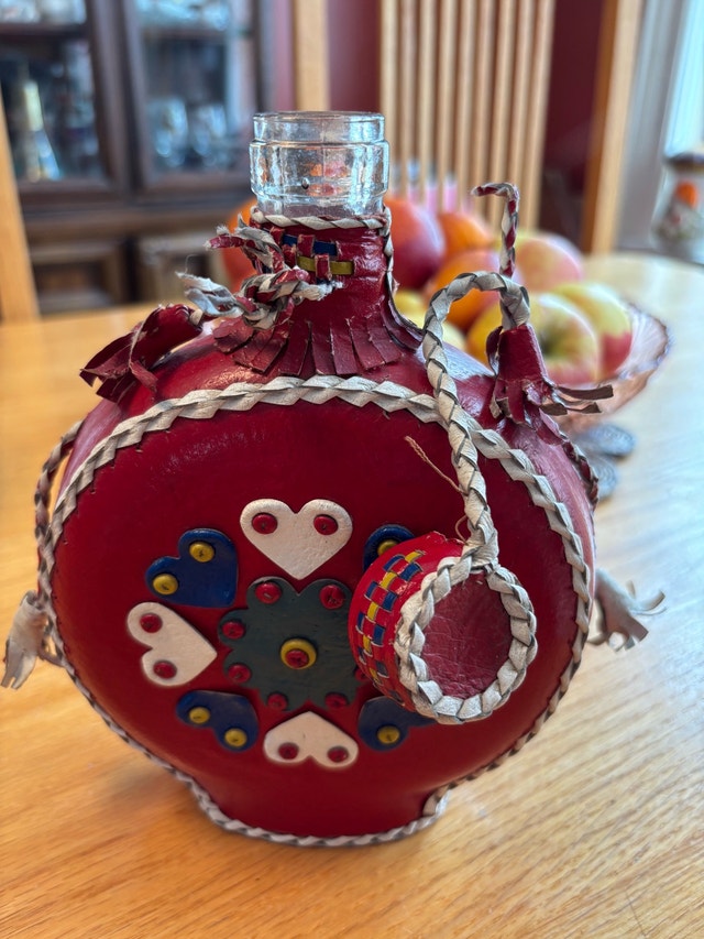Decorative Folk Art Leather Covered Bottle Decanter Flask - photo 4
