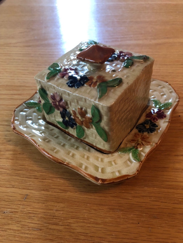 Antique Covered Butter Cheese Dish with Basket Weave Floral