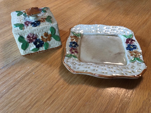 Antique Covered Butter Cheese Dish with Basket Weave Floral - photo 3
