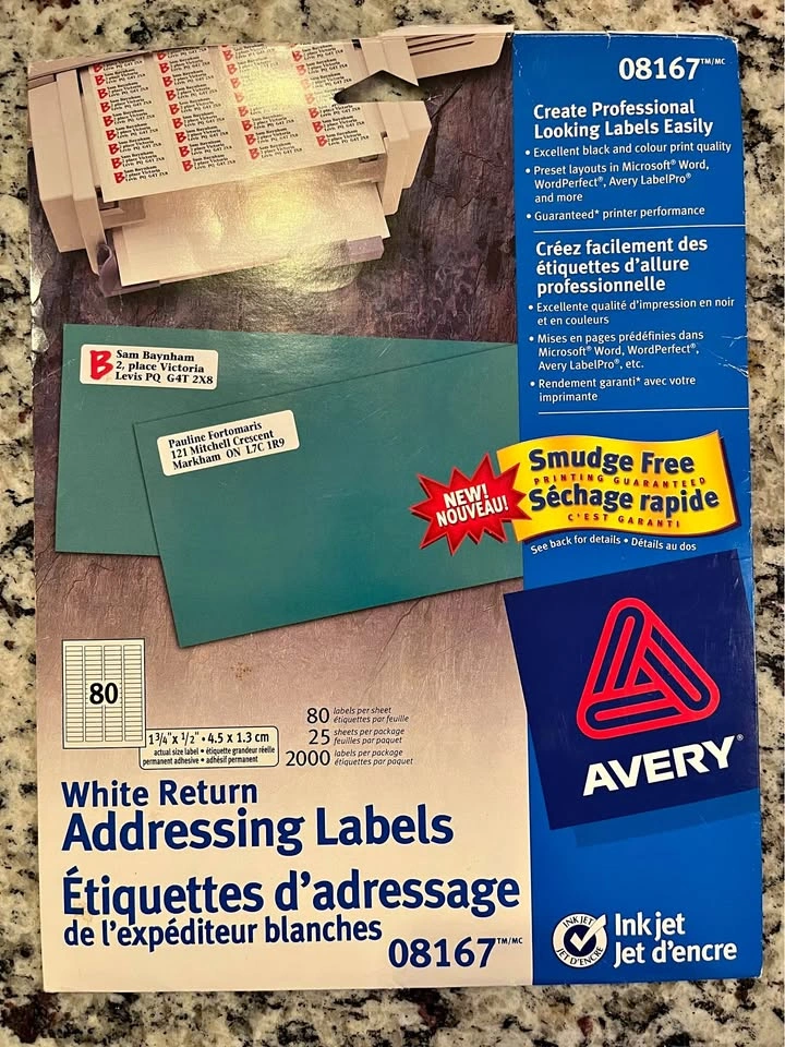 Avery white return addressing labels 08167 inkjet (11 sheets lef