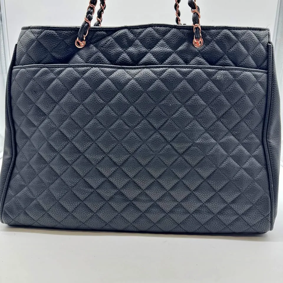 Black Quilted Tote Shoulder Bag with Chain Straps - Large Size thumbnail